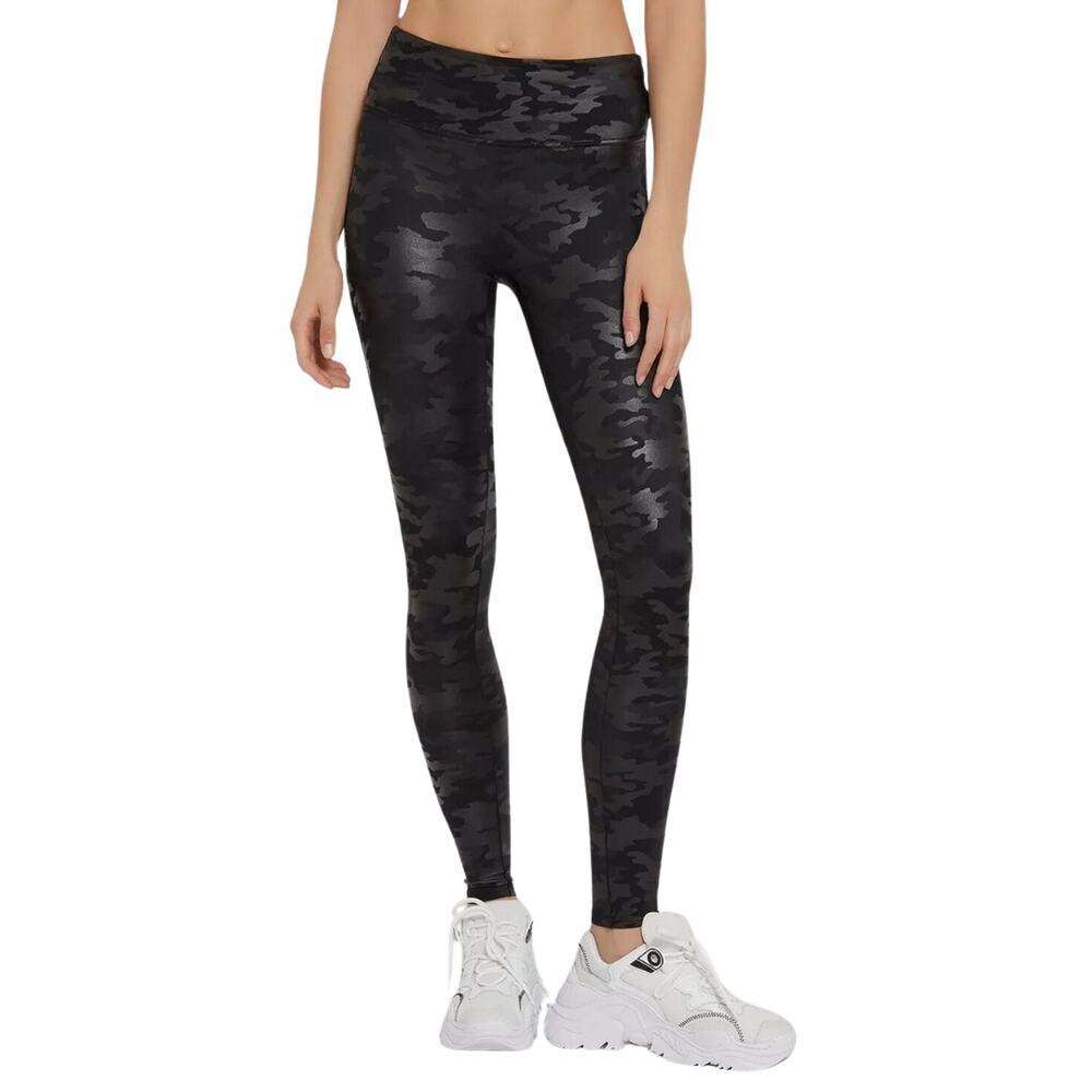 Spanx Leggings Womens Medium Matte Black Camo Faux Leather Pull On Stretchy